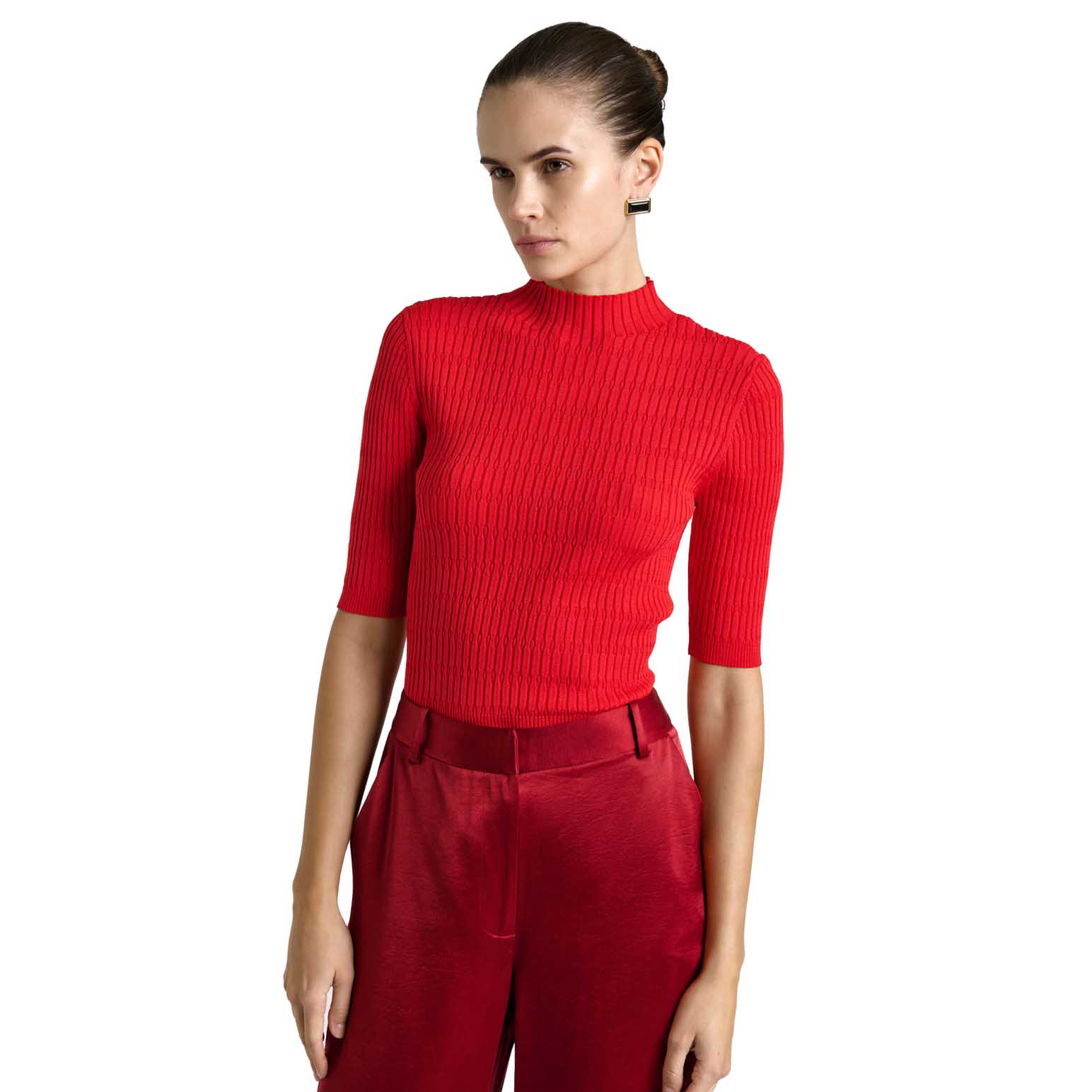 Cue Textured Elbow Sleeve Funnel Neck Knit